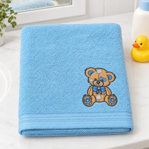 Diseño de bordado de osito de peluche con parches, bordado en la esquina de una toalla de baño