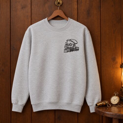 Diseño de bordado de locomotora antigua bordado como logotipo en el lado izquierdo del pecho de una sudadera de cuello redondo.