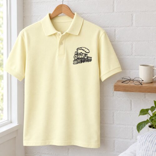 Diseño de bordado de locomotora antigua bordado como logotipo en el lado izquierdo del pecho de una camisa polo.