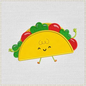 Diseño de bordado con apliques de taco feliz