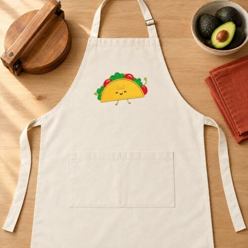 Happy Taco Applique embroidery design stitched on a kitchen apron