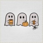 Diseño de bordado de fantasmas de Halloween con café, calabaza y arañita