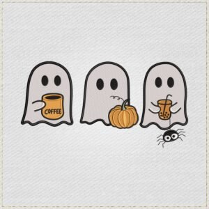Diseño de bordado de fantasmas de Halloween con café, calabaza y arañita