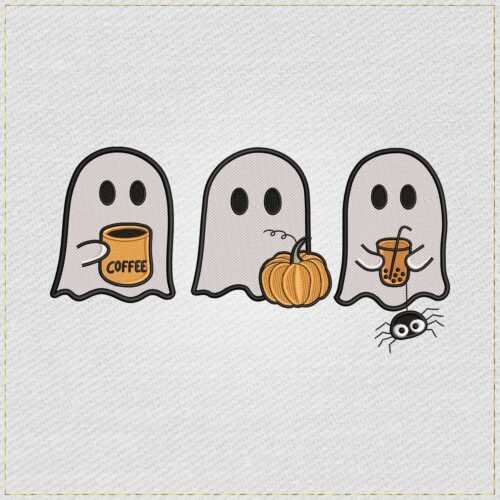 Diseño de bordado de fantasmas de Halloween con café, calabaza y arañita