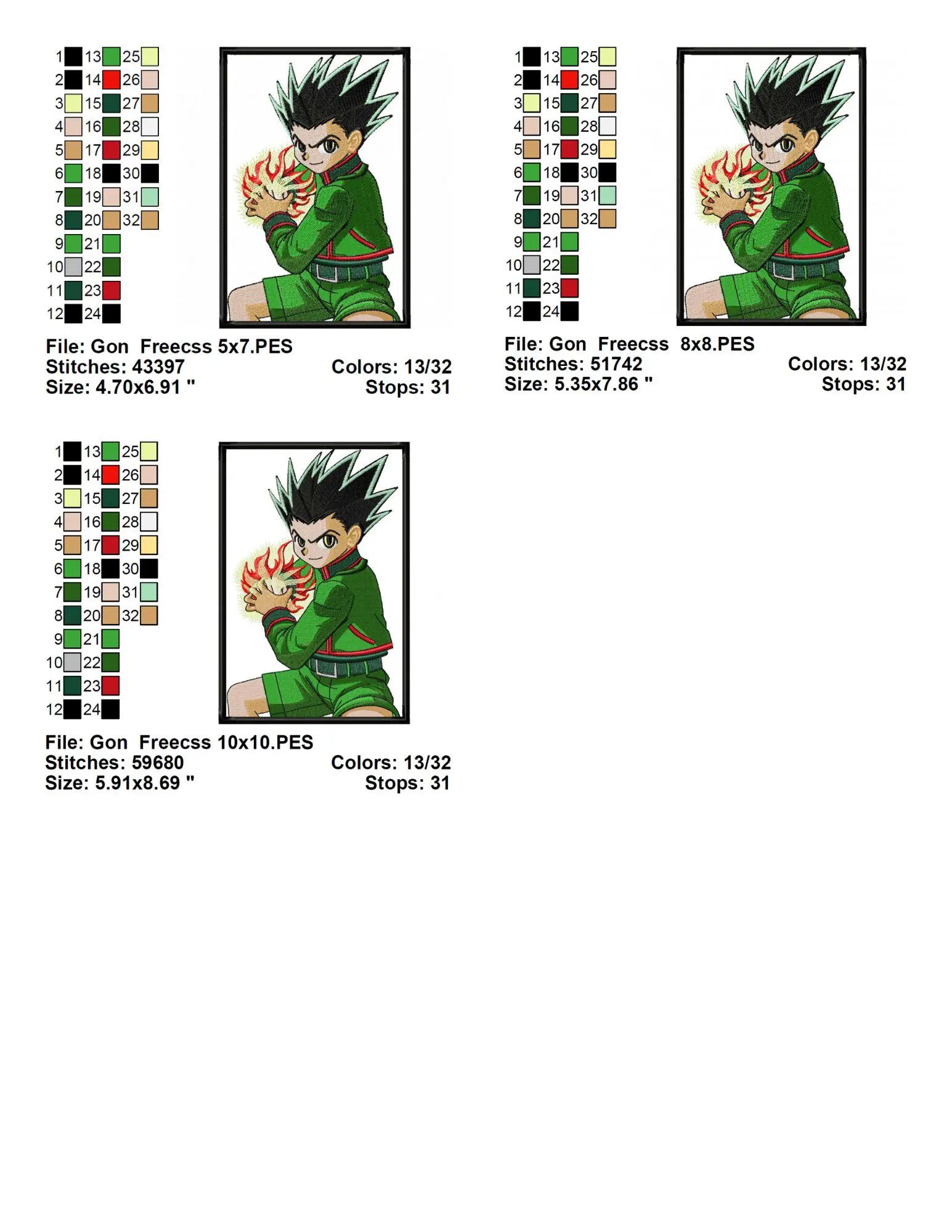Gon Freecss Anime Embroidery Design Info