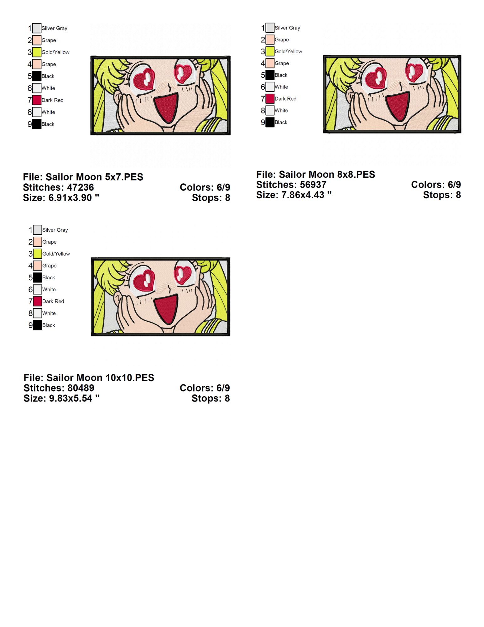 Sailor Moon Embroidery Design Info