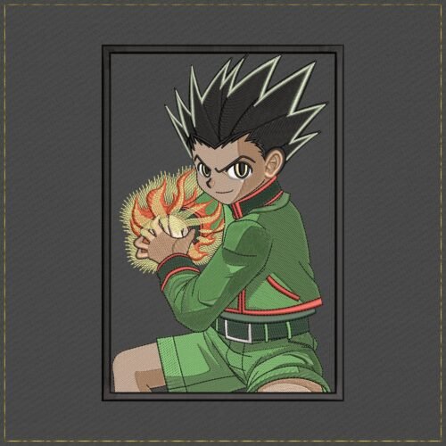 Diseño de bordado de anime de Gon Freecss sobre tela oscura