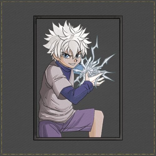Diseño de bordado de anime de Killua Zoldyck sobre tela oscura