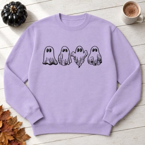 Spooky Ghosts embroidery design stitched across the front of a crewneck sweatshirt