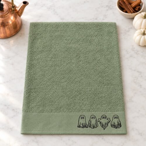 Spooky Ghosts embroidery design stitched in the corner of a hand towel
