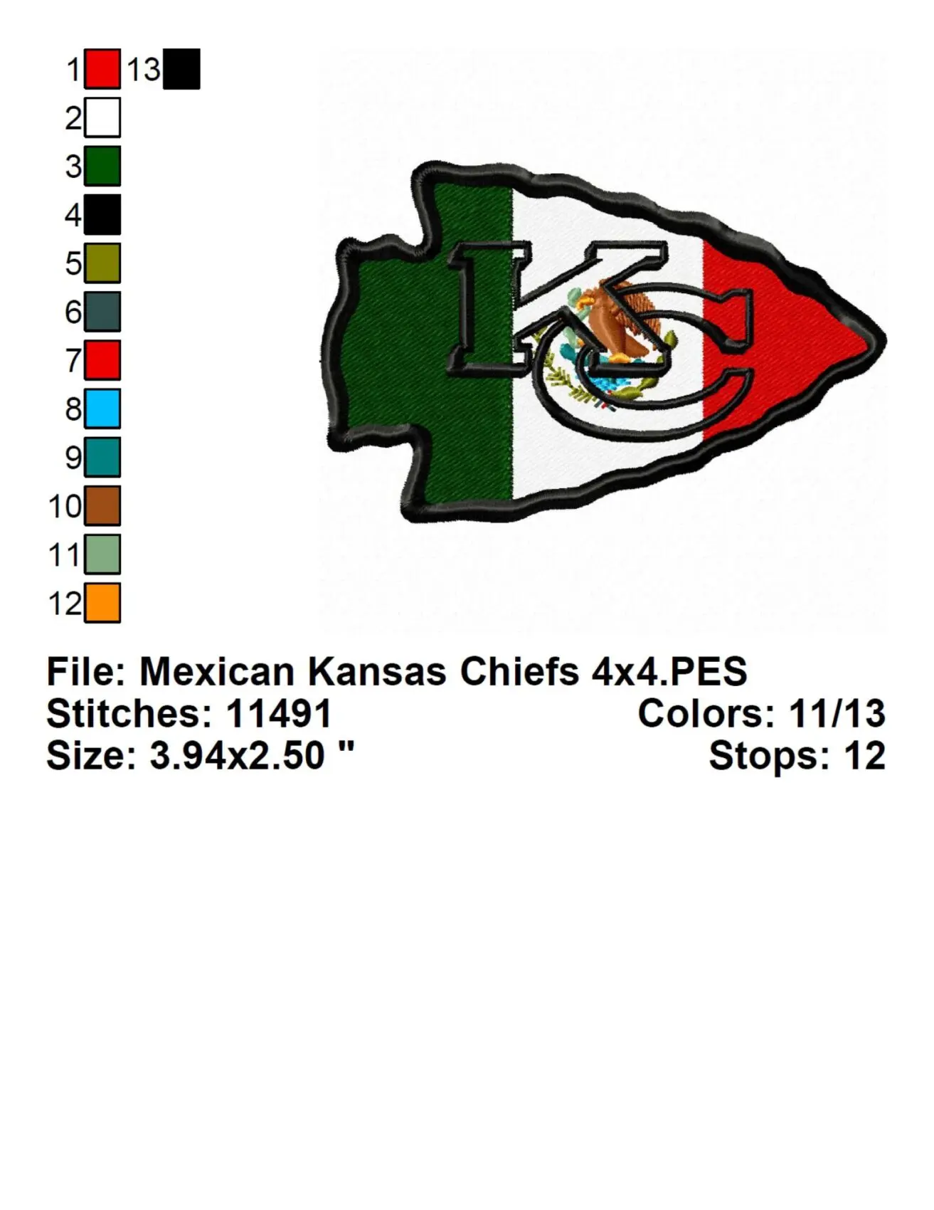 Kansas City Chiefs Mexican Flag Embroidery Design Info