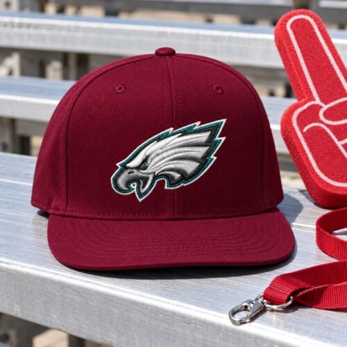 Philadelphia Eagles cap embroidery design stitched on the front of a snapback cap