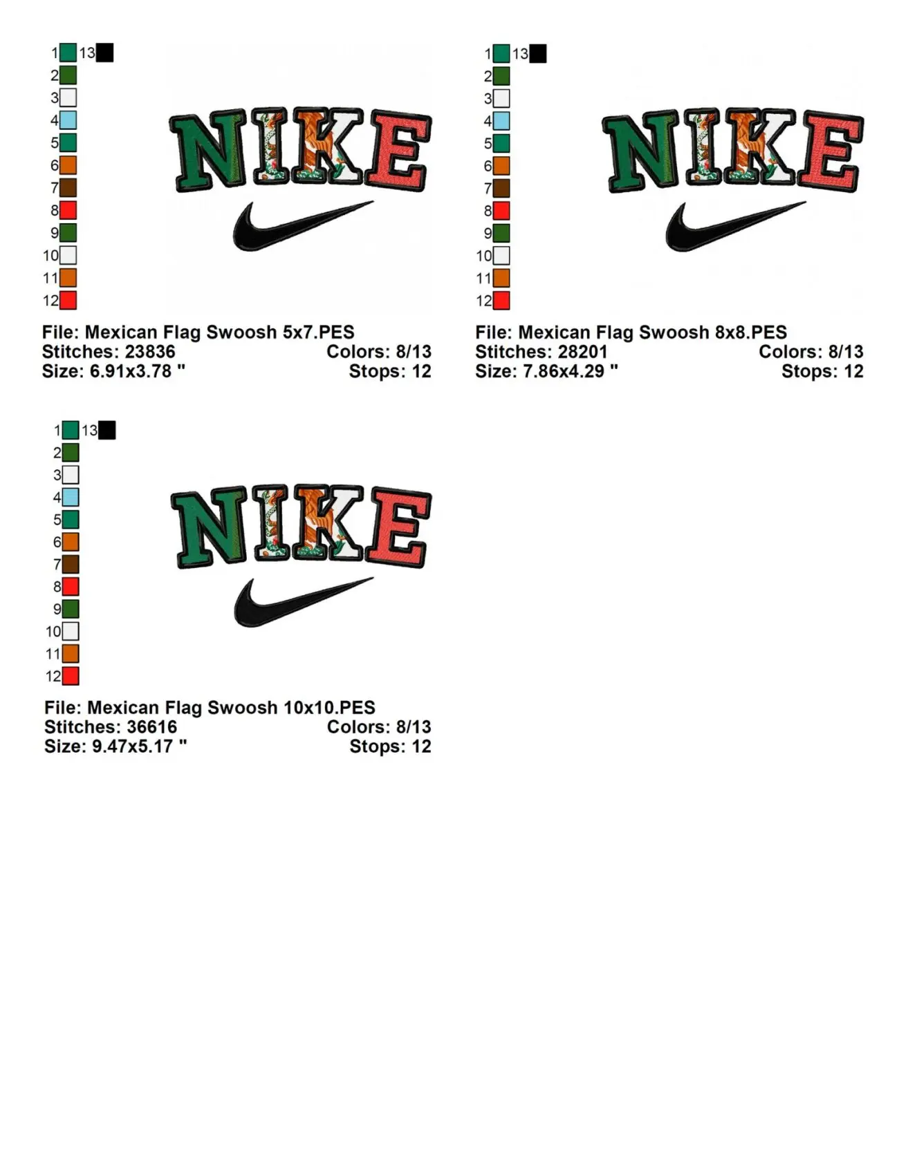 Mexican Flag Swoosh Embroidery Design Info