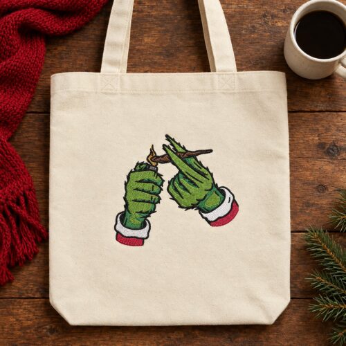 Diseño de bordado de las manos del Grinch fumando en Navidad, bordado en un bolso de mano.