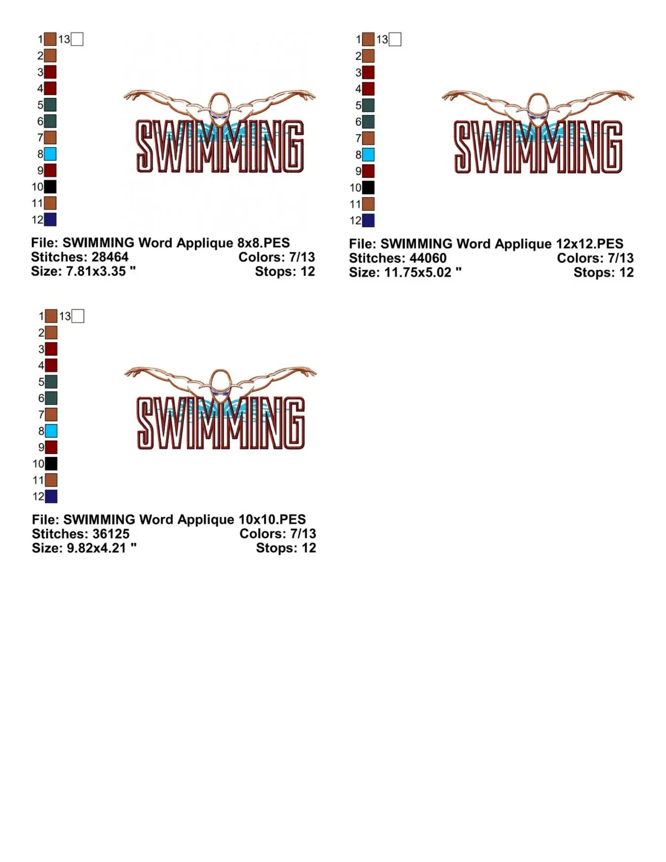 SWIMMING Word Embroidery Design Info