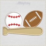 Diseño de bordado de béisbol, fútbol americano y un bate