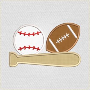 Diseño de bordado de béisbol, fútbol americano y un bate