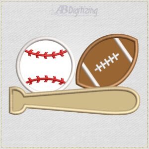 Diseño de bordado de béisbol, fútbol americano y un bate
