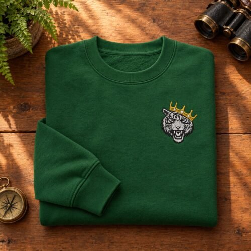 Tiger King embroidery design stitched as a left-chest logo on a crewneck sweatshirt