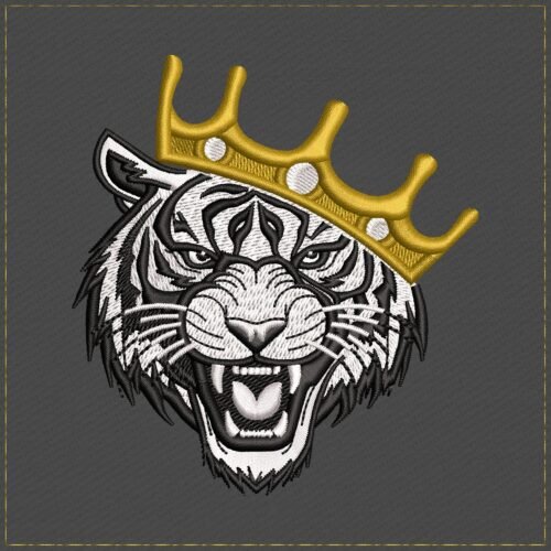 Diseño de bordado Tiger King sobre tela oscura