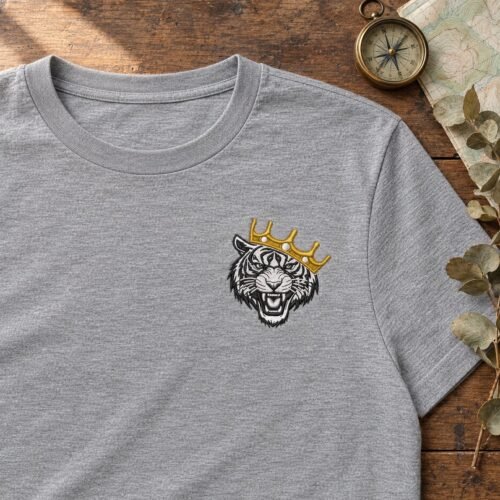 Tiger King embroidery design stitched as a left-chest logo on a t-shirt