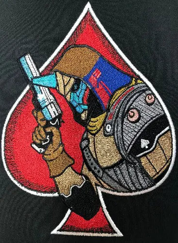 Ace Warrior cartoon character as filled embroidery design