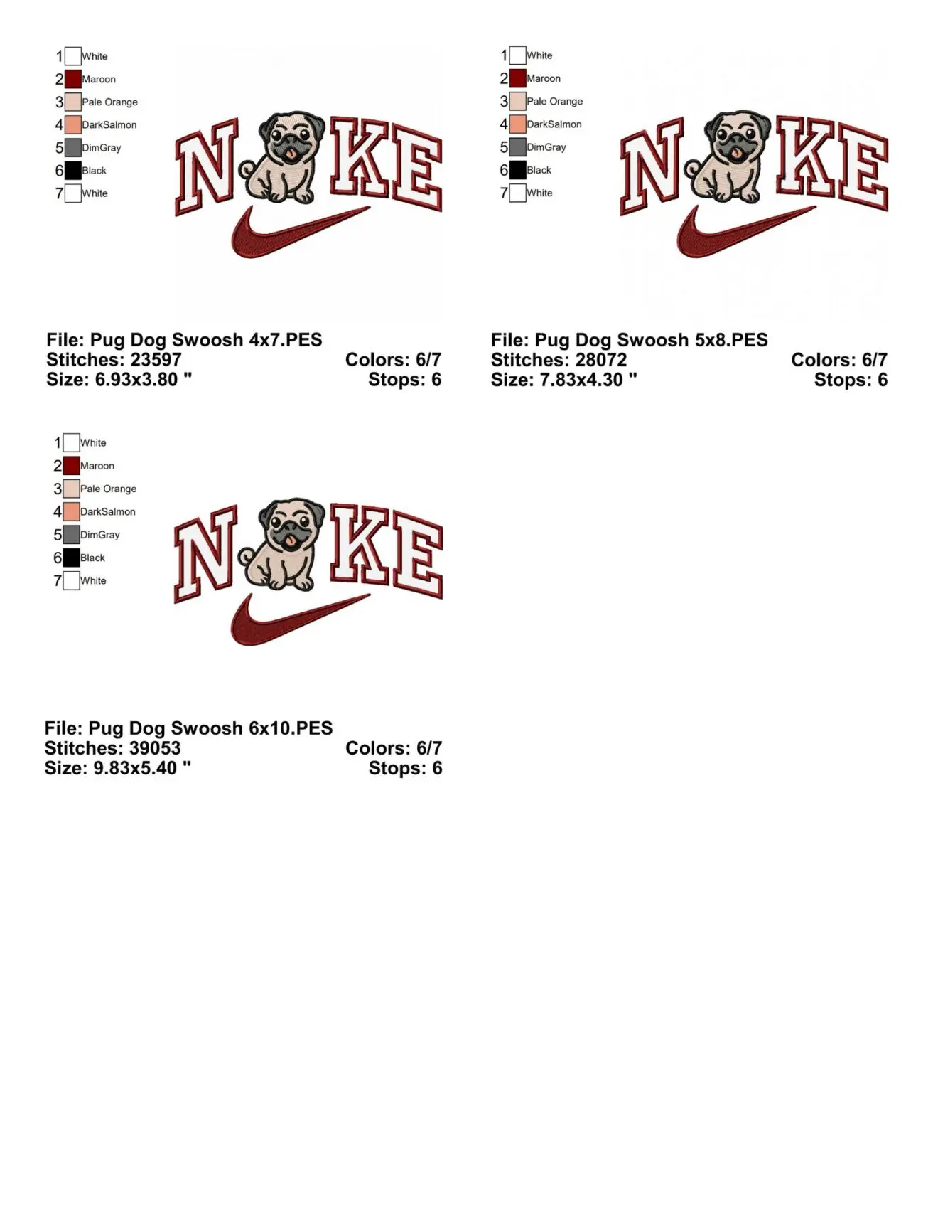 Pug Dog Swoosh Embroidery Design Info