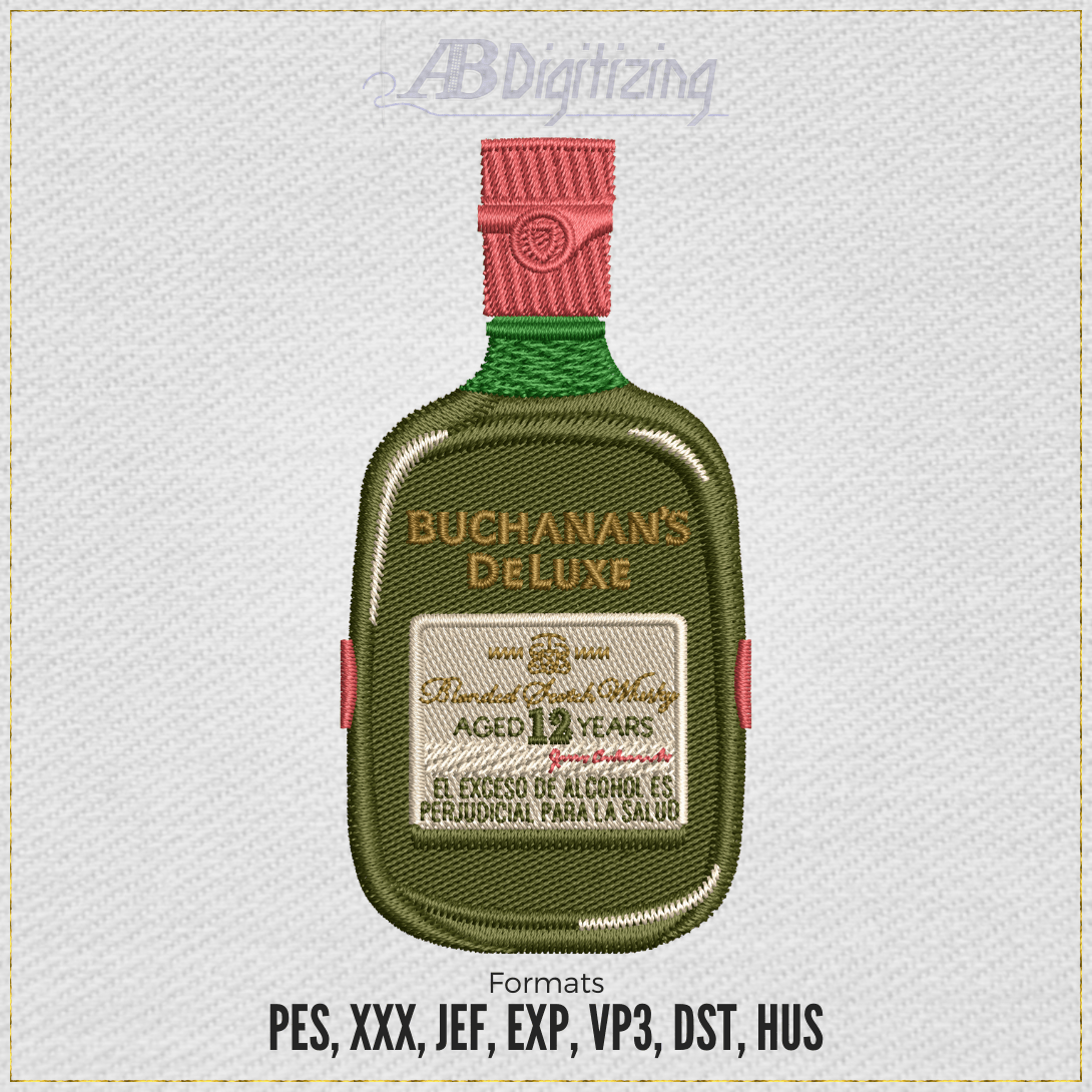embroidery digitizing small text Buchanas deluxe bottle mockup
