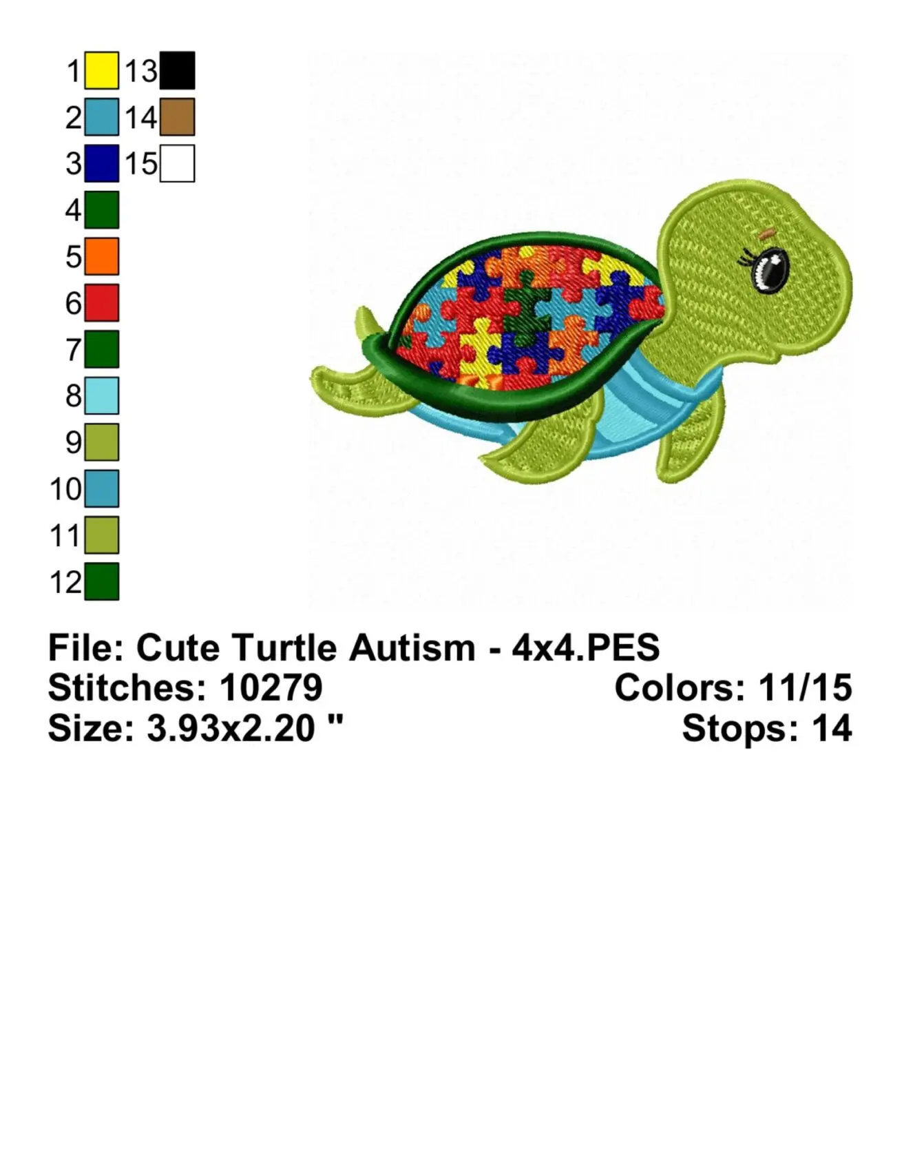 Cute Turtle Autism Embroidery Design Info