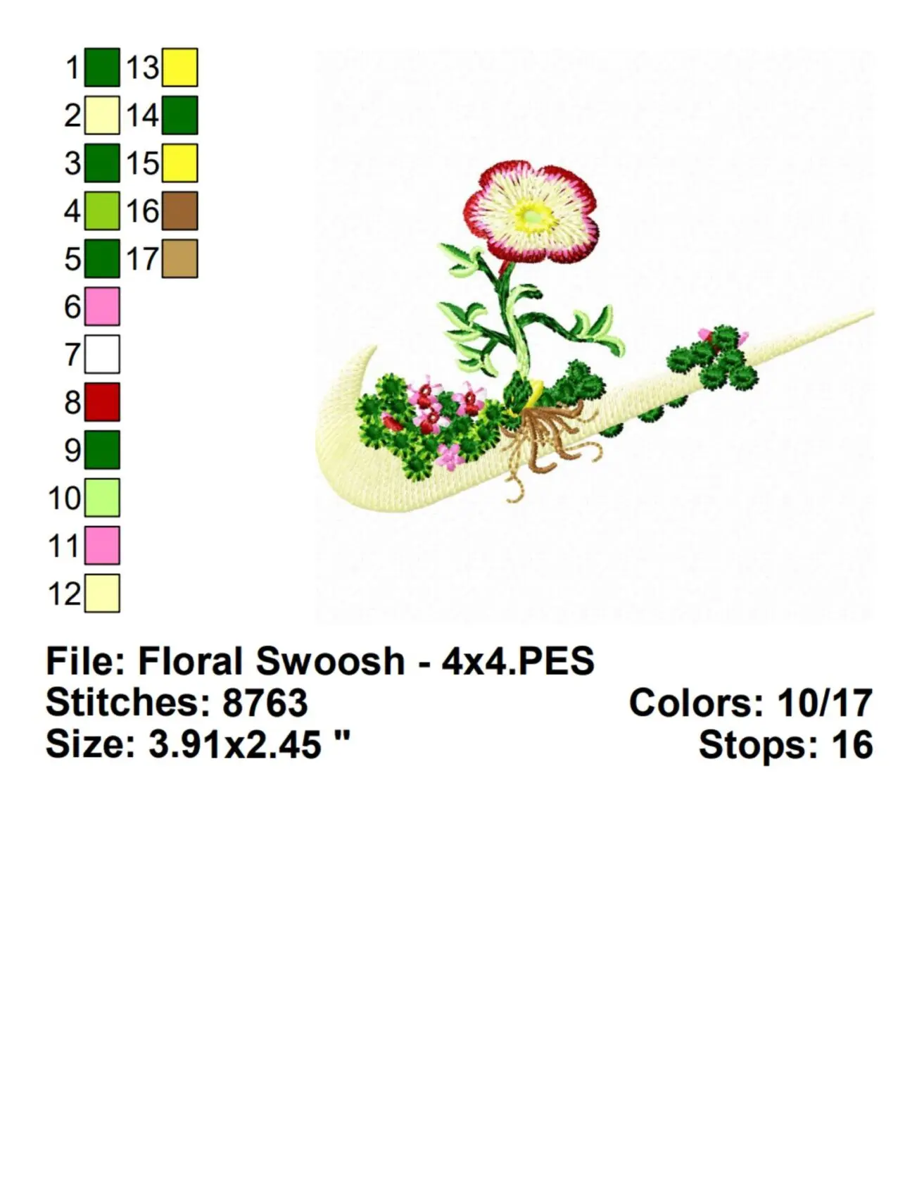 Floral Swoosh Embroidery Design Info