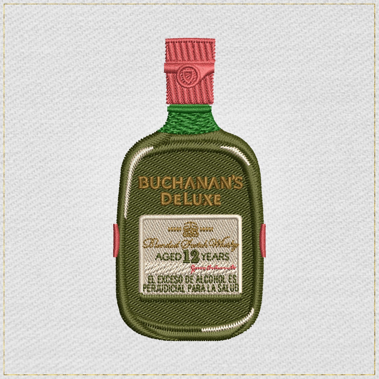 Digitalización de bordado de texto pequeño, maqueta de la botella Buchanas Deluxe