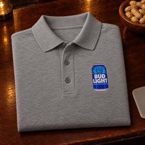 Diseño bordado de Bud Light Beer bordado como logotipo en el lado izquierdo del pecho de una camisa polo.