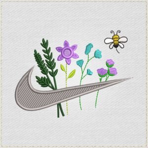 Diseño de bordado de Swoosh floral con abeja voladora