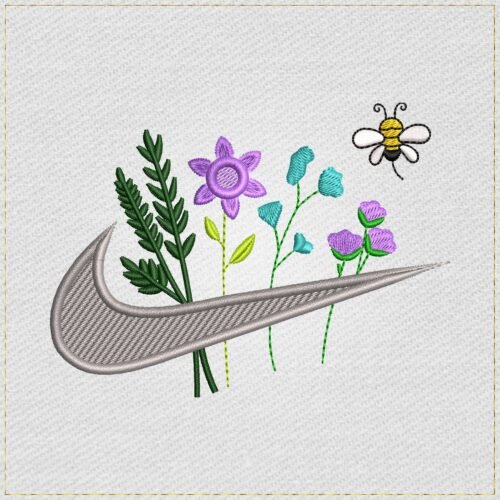 Diseño de bordado de Swoosh floral con abeja voladora