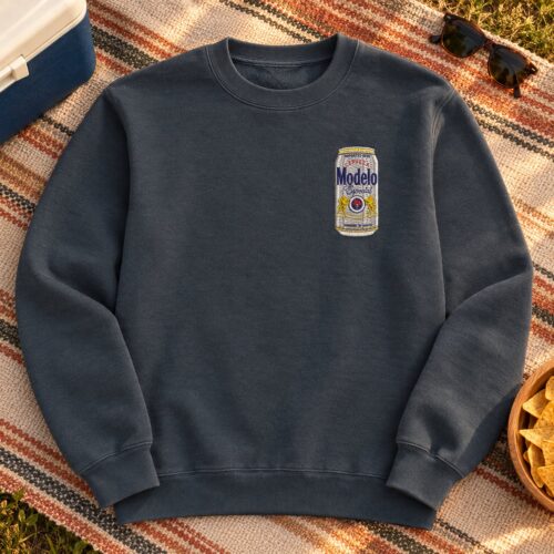 Modelo Especial Beer embroidery design stitched as a left-chest logo on a crewneck sweatshirt