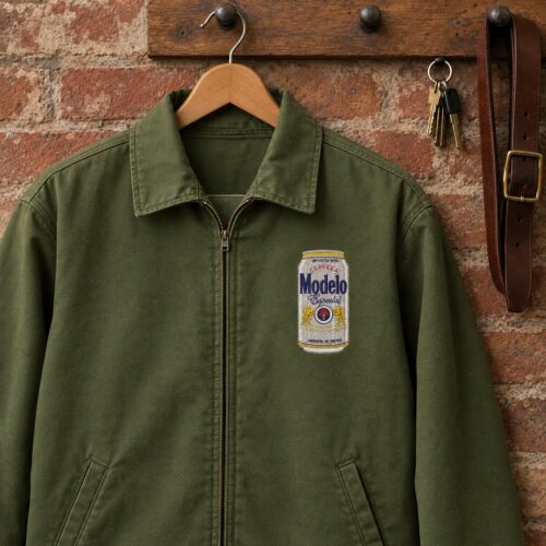 Modelo Especial Beer embroidery design stitched as a left-chest logo on a work jacket