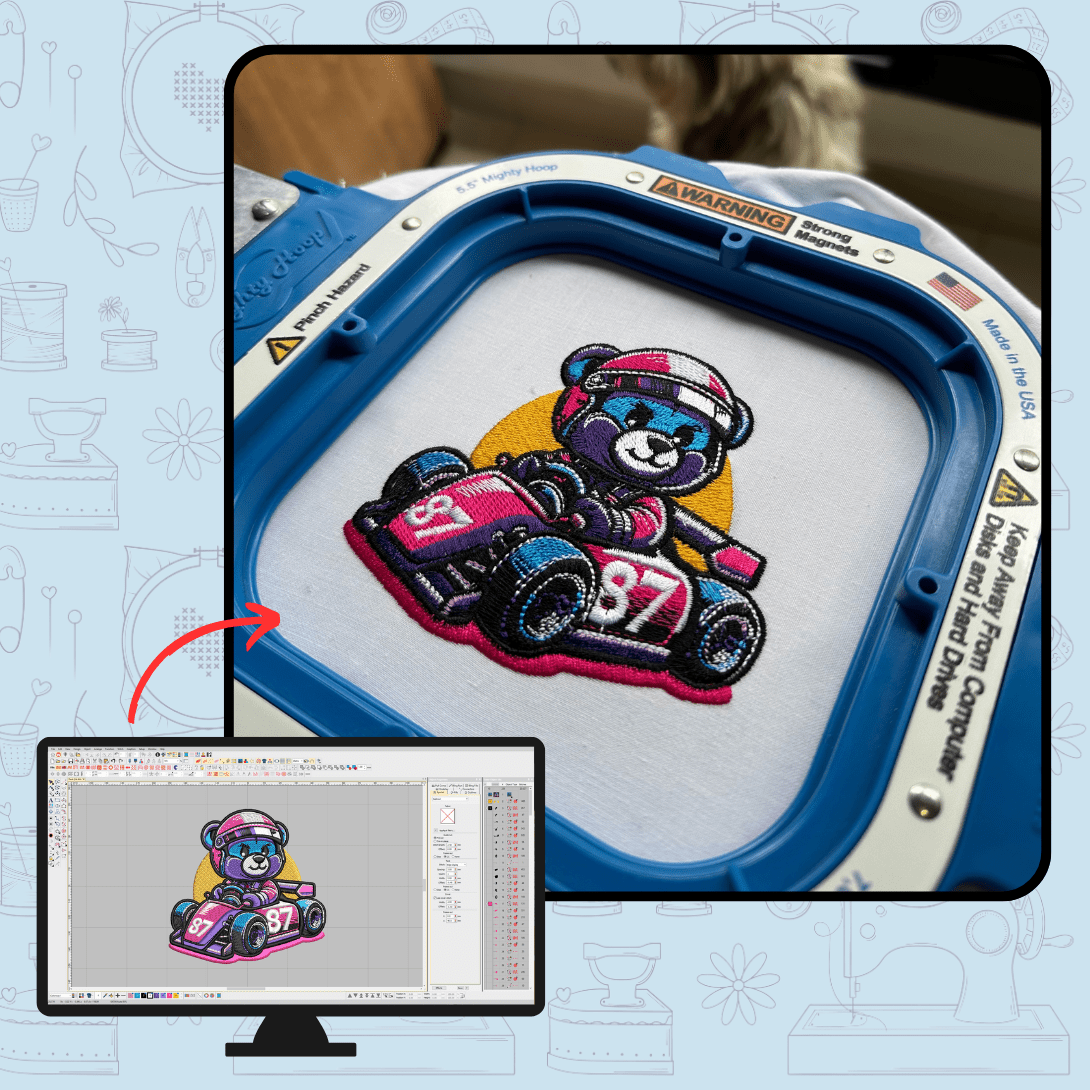 how to digitize custom patches RaceBear digitizing service mockup