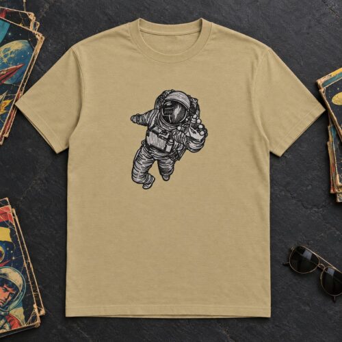 Cosmonaut in Space embroidery design stitched on a t-shirt