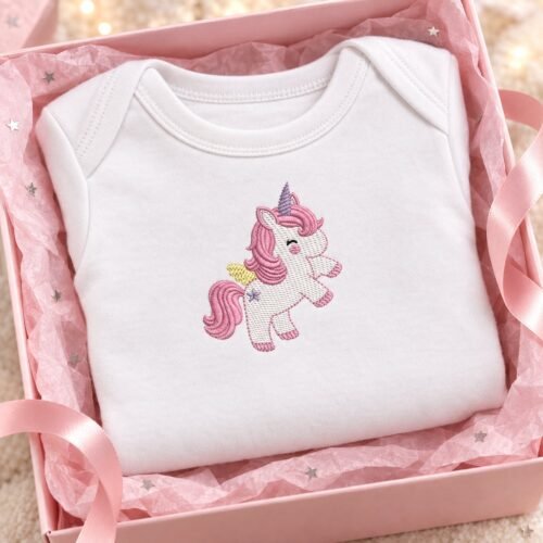 Cute Unicorn Sketch embroidery design stitched on a baby onesie