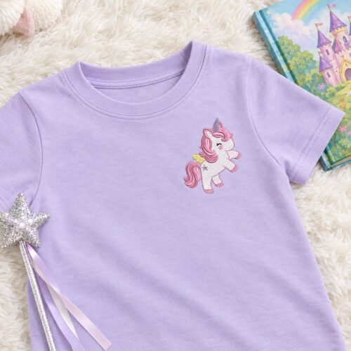 Cute Unicorn Sketch embroidery design stitched as a left-chest logo on a kids t-shirt