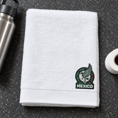 Diseño bordado de la Selección Nacional de Fútbol de México bordado en la esquina de una toalla de mano.
