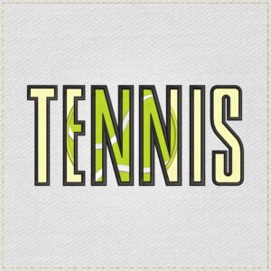 Diseño de bordado de palabra TENNIS y pelota en aplique