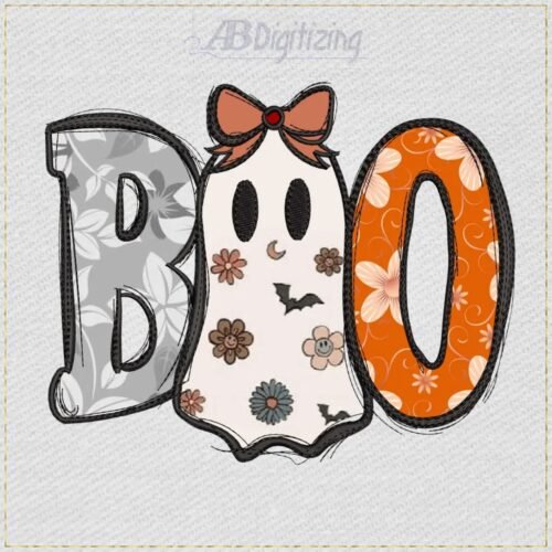 Diseño de bordado de lindo fantasma con lazo, BOO
