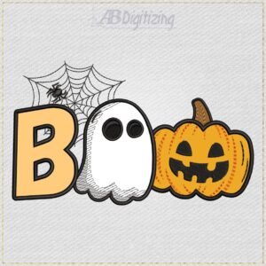 Diseño de bordado BOO con fantasma, calabaza y telaraña