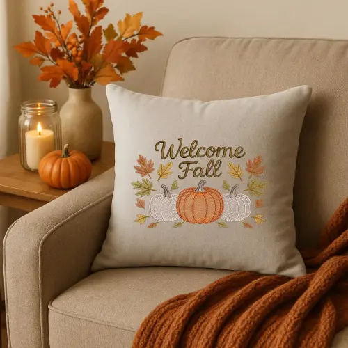 Welcome Fall Script with Pumpkins Embroidery Design on pillow