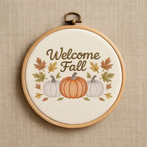 Welcome Fall Script with Pumpkins Embroidery Design on hoop