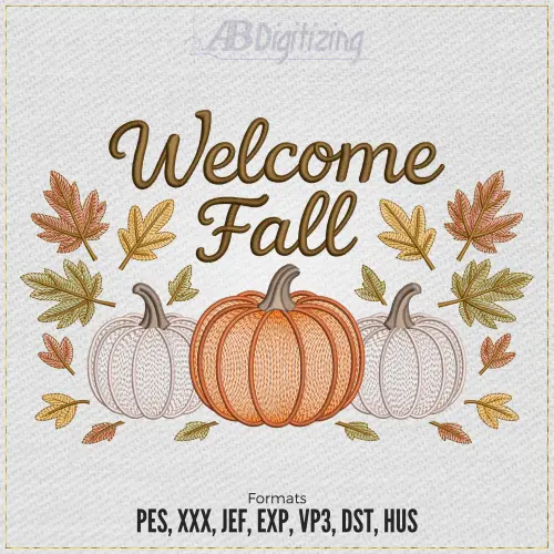 Welcome Fall Script with Pumpkins Embroidery Design