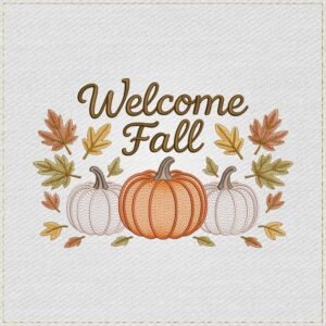 Diseño de bordado de Welcome Fall en cursiva con calabazas