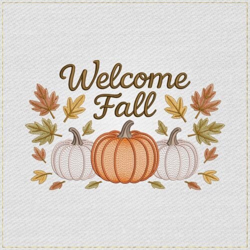Diseño de bordado de Welcome Fall en cursiva con calabazas