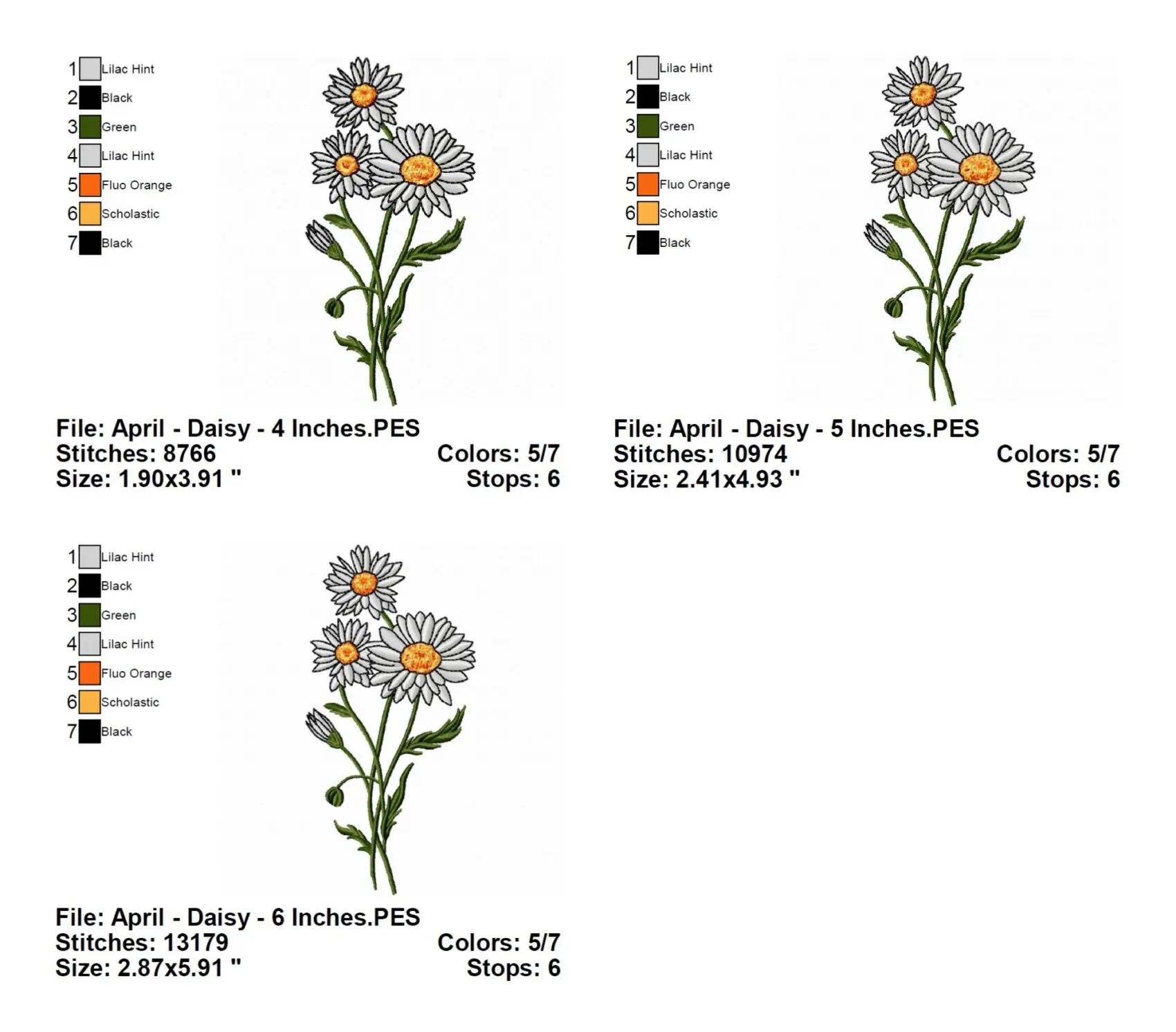 April Daisy Flower Embroidery Design info